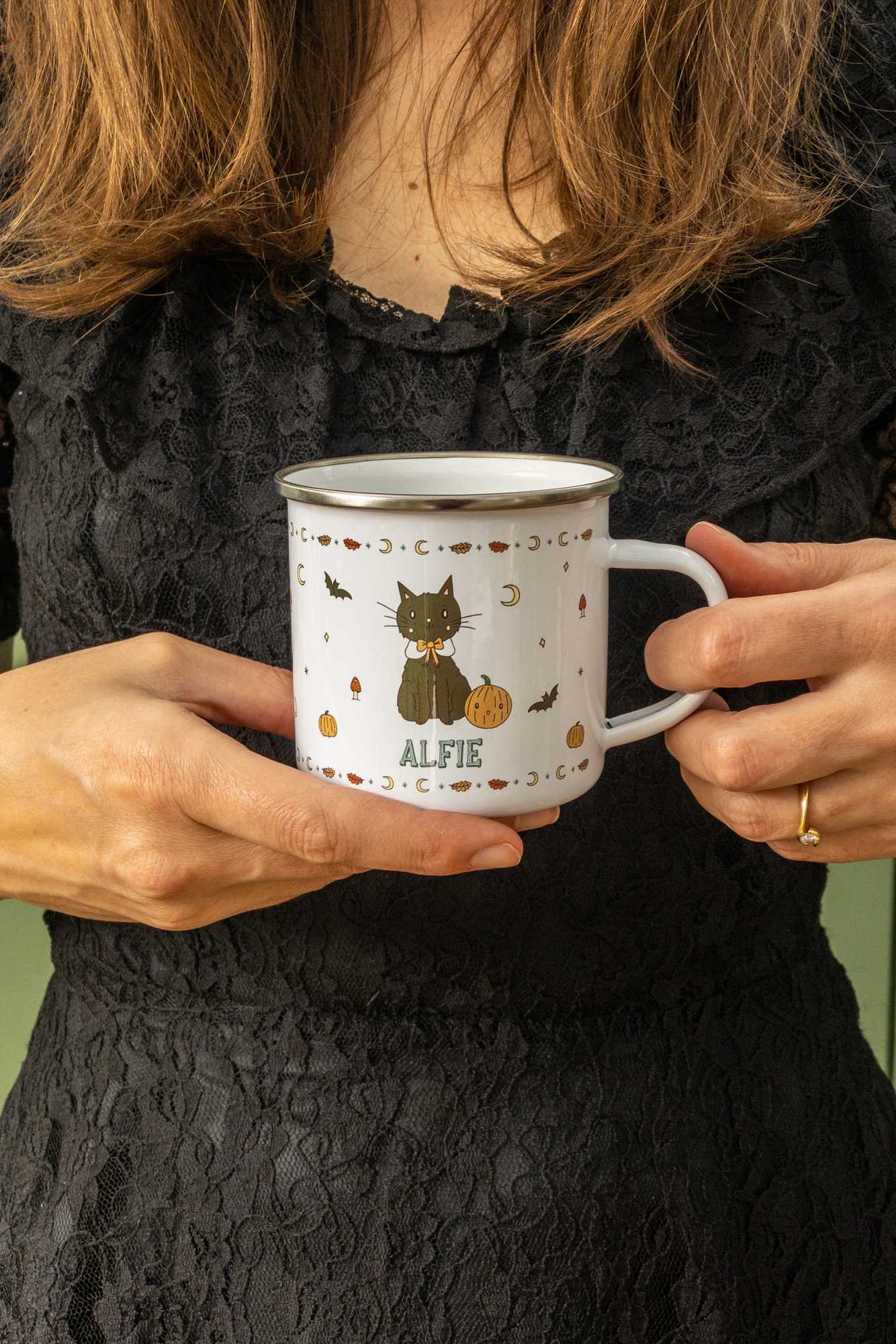 black cat personalised halloween enamel mug