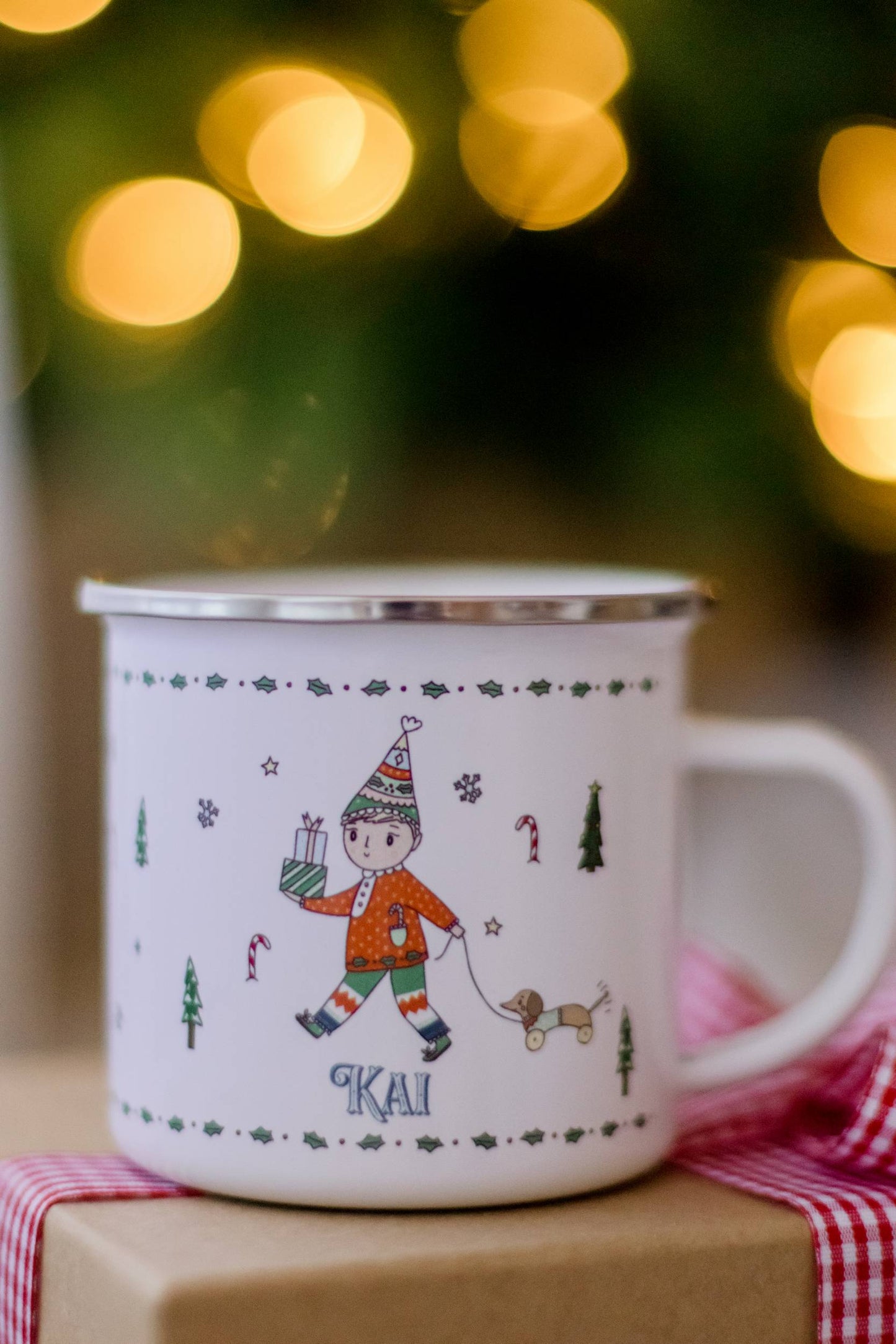 Personalised Christmas Enamel Mug - Festive Block Font