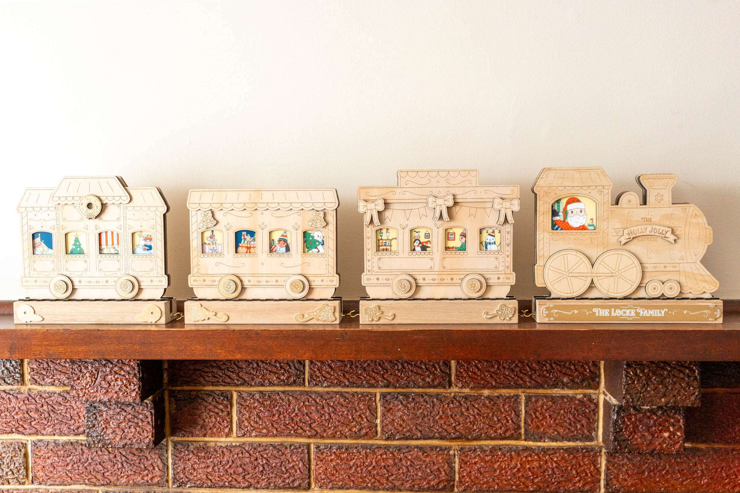 Wooden train advent calendar on a mantle
