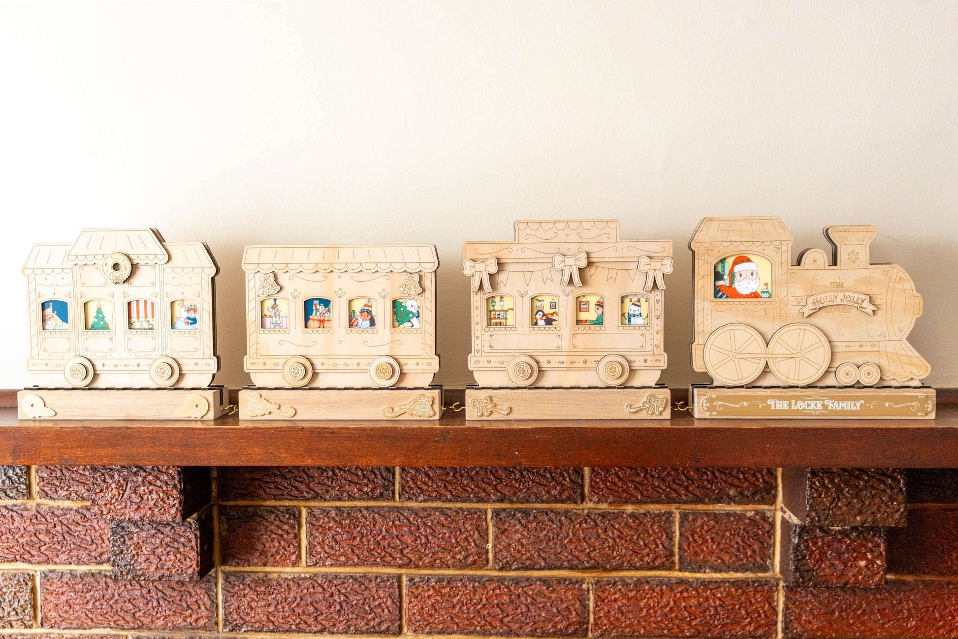 Wooden train advent calendar on a mantle